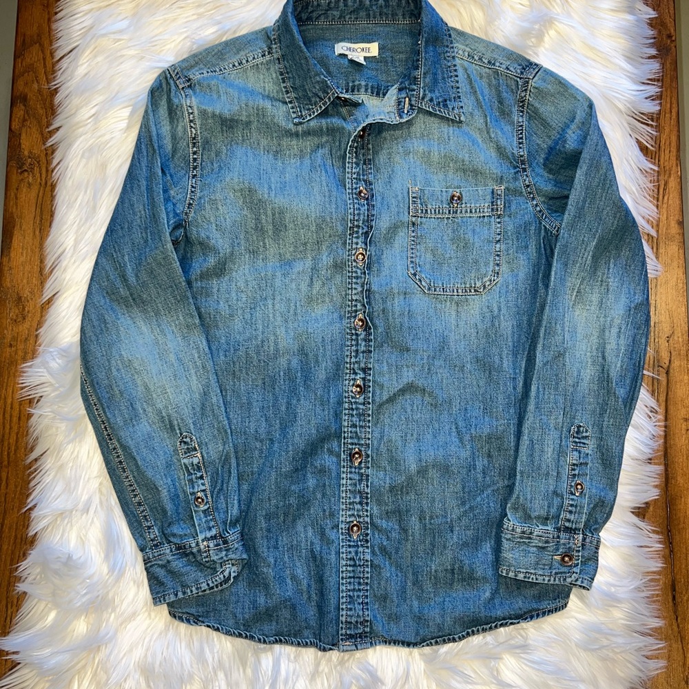 Cherokee Girls 12/14 Long Sleeve Blue Denim Cotton Button Down Shirt - Picture 3 of 7